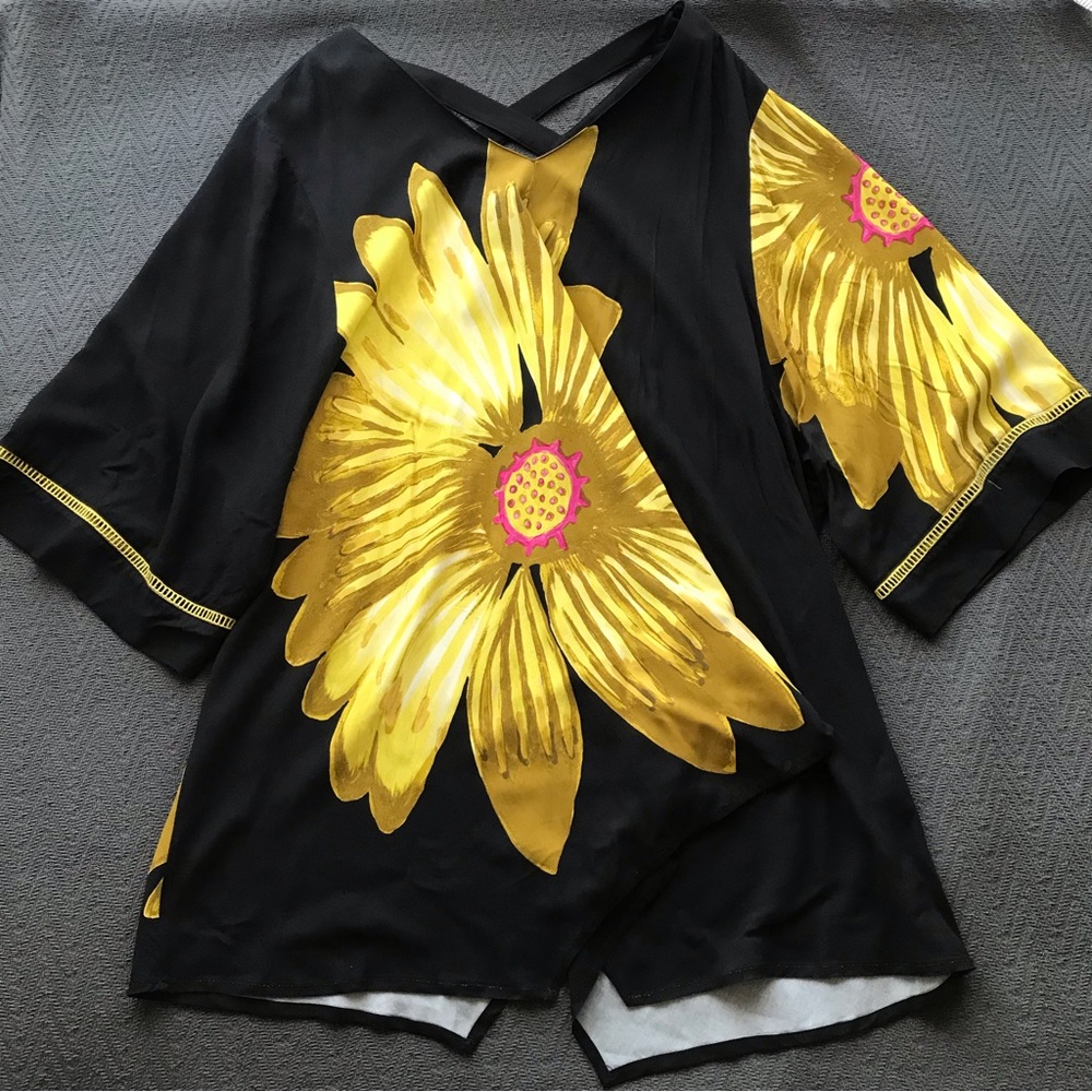 NWT Jean Marc Philippe Terez Tunic Top Floral Yellow Pink Criss Cross Back Art